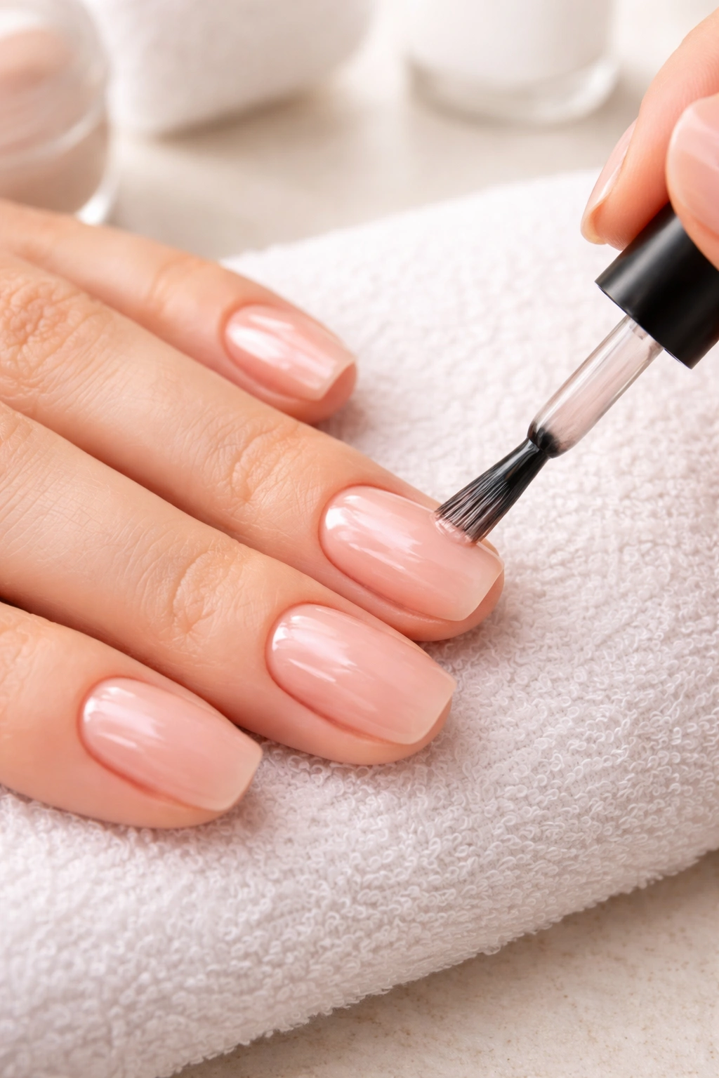 Close-up of nails being painted with a sheer pink nude base color