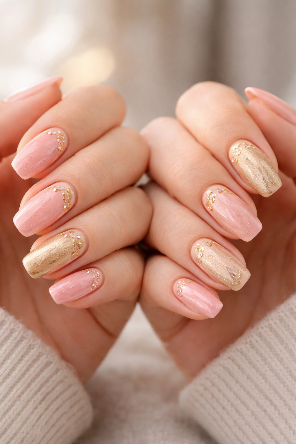 Two hands with swapped base colors, pink with gold accents versus gold with pink accents.