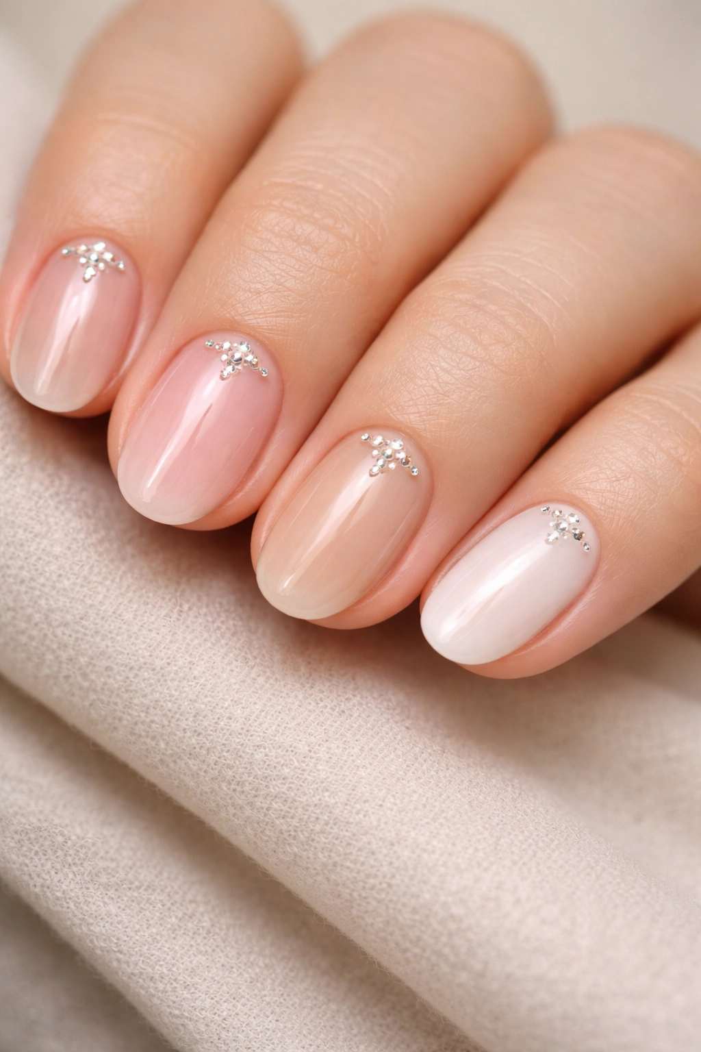 Nails showing clear, sheer pink, nude beige, and milky white bases with subtle rhinestones