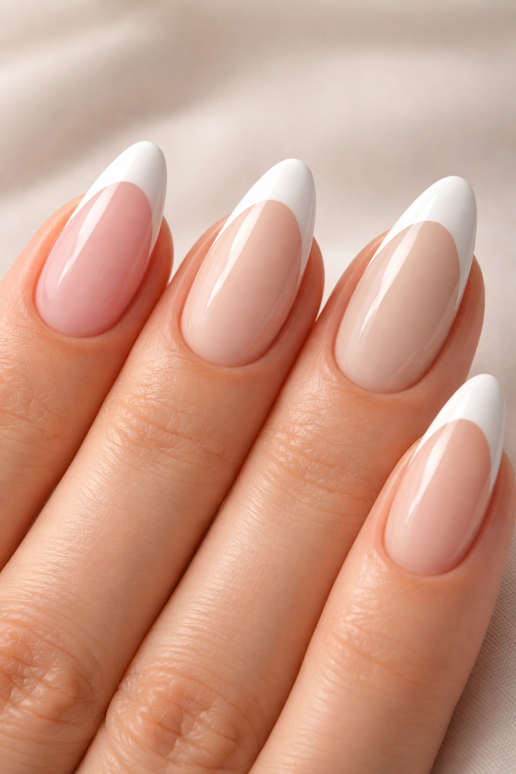 Almond nails with different base colors under white tips
