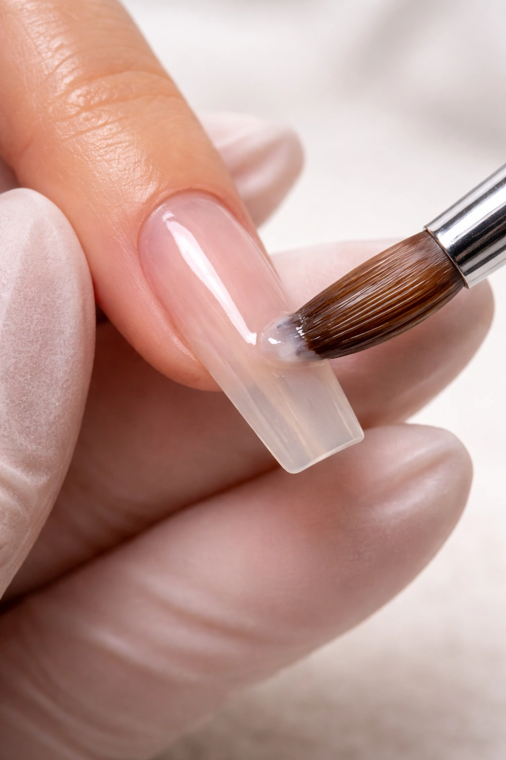 Hand with a thin translucent base layer on the nail