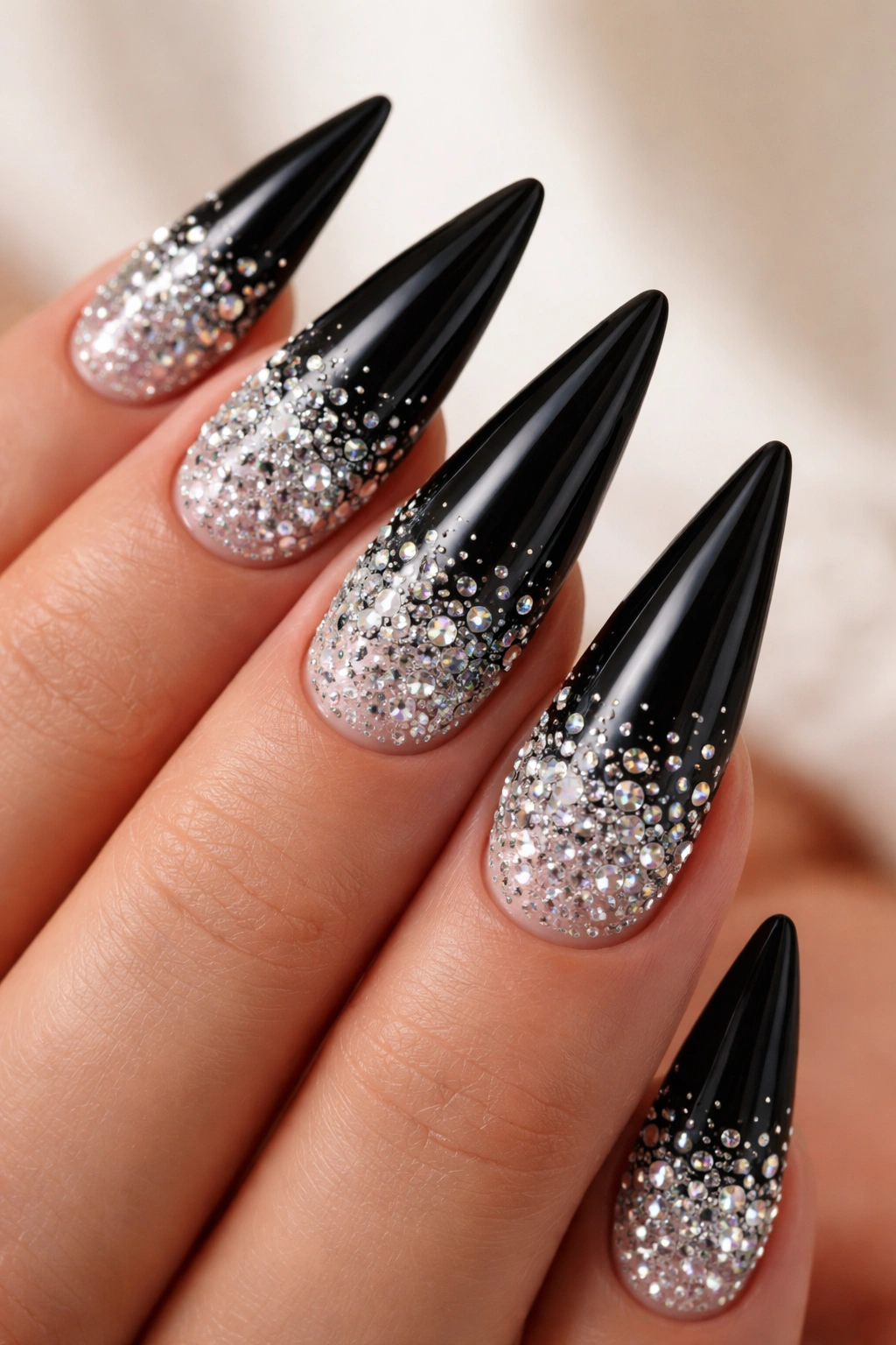 Stiletto nails with dense rhinestones at the base fading toward the tip