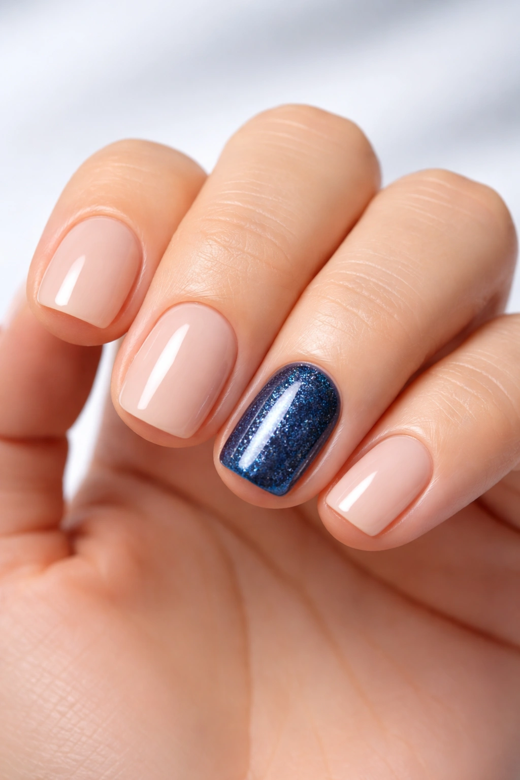 Hand with nude base nails and one accent nail in contrasting color