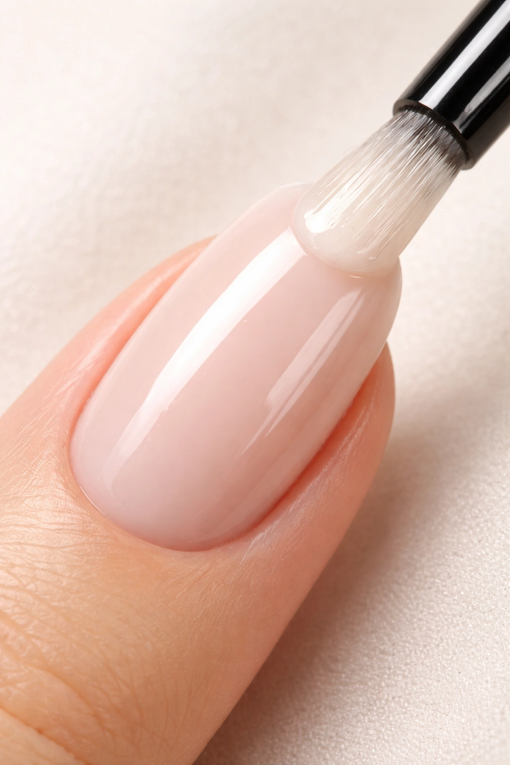 Nail with nude milky-white base color gel being applied