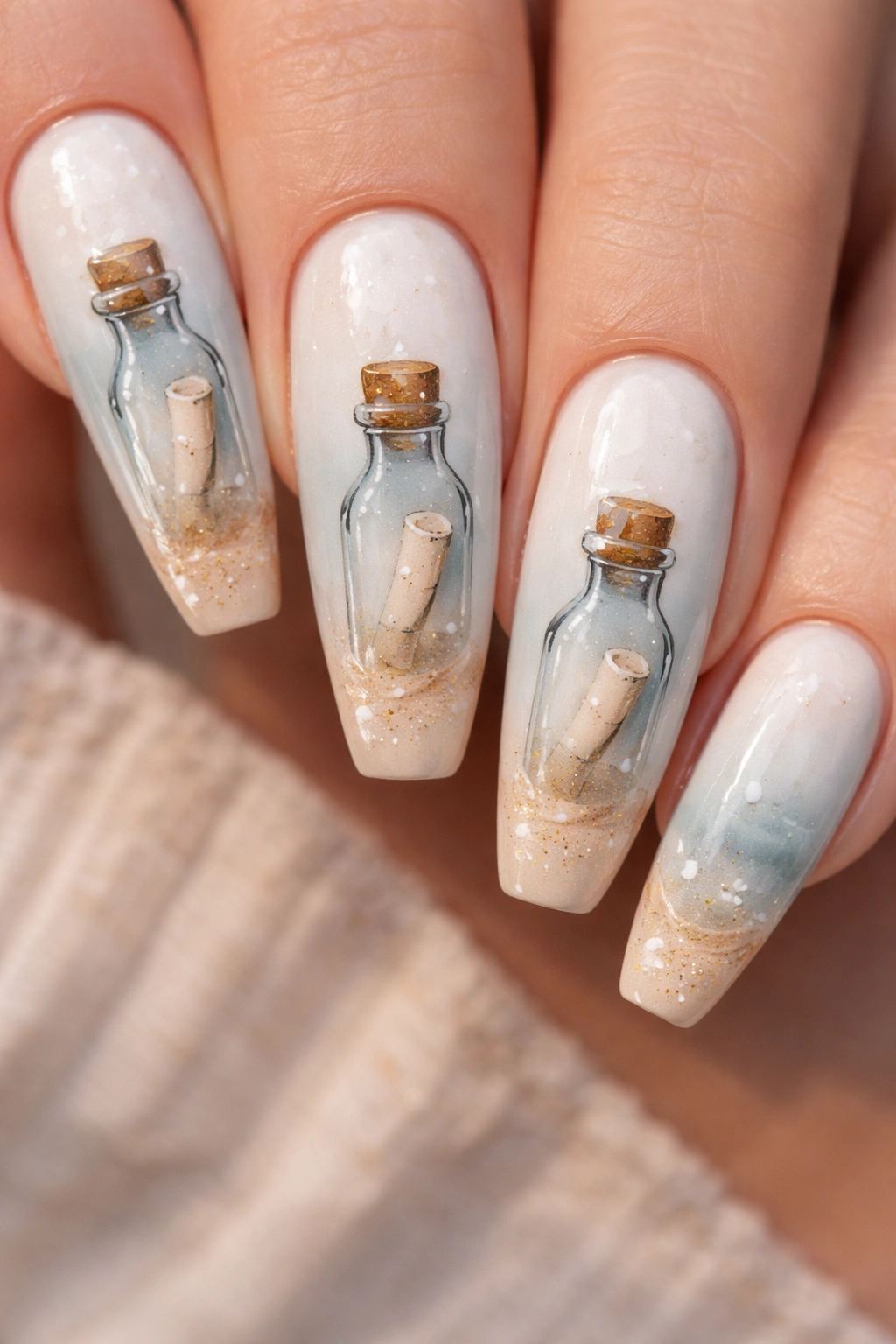 Close-up of coffin nail art featuring a glass bottle with an abstract scroll inside in pastel tones