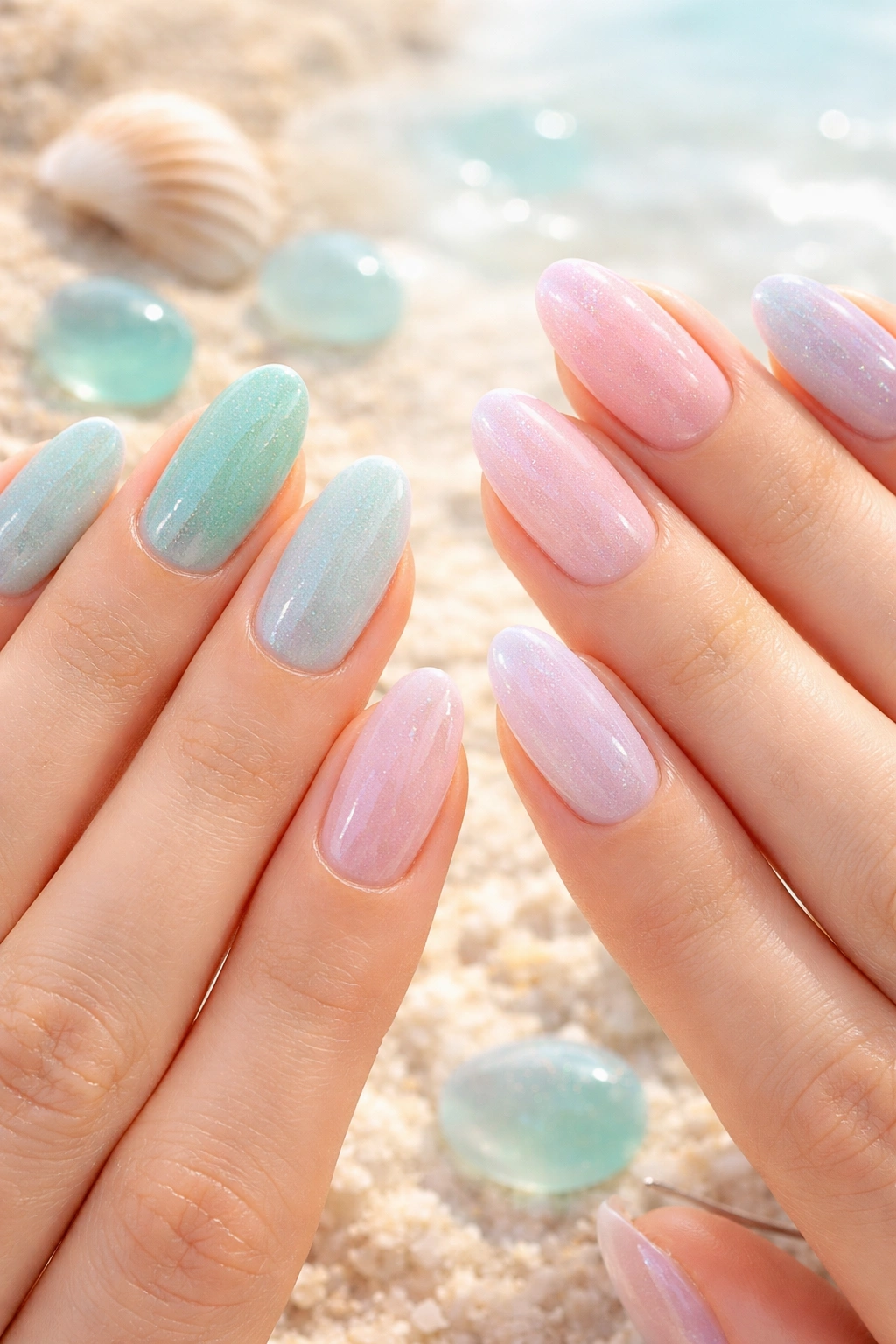 Nails with translucent beach-glass-like shimmer in seafoam and lavender tones