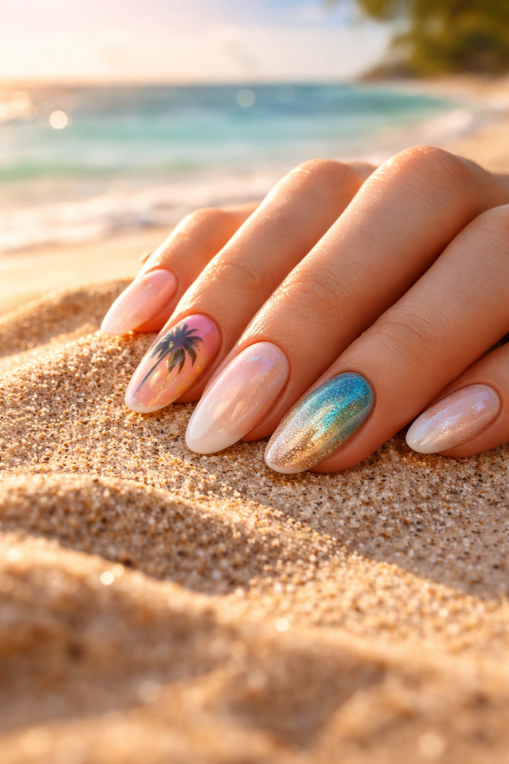 Close-up of a glossy manicure on a hand resting on beach sand with the turquoise ocean blurred in the background