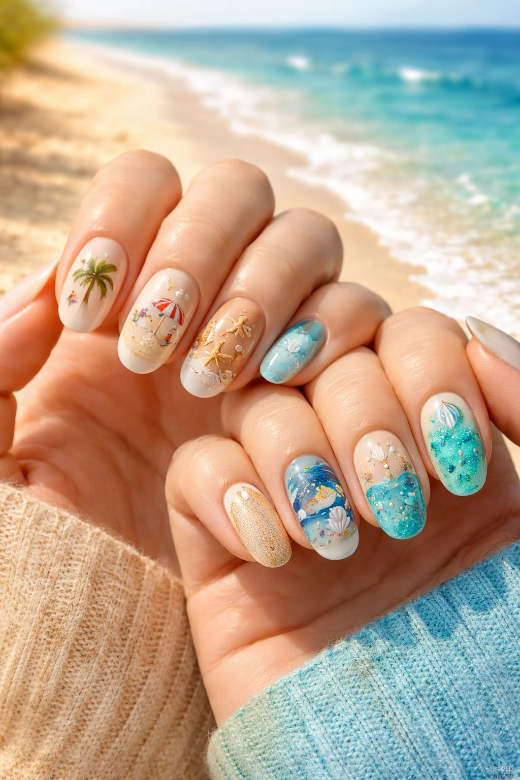 Nails split between beach and ocean themes in warm and cool tones