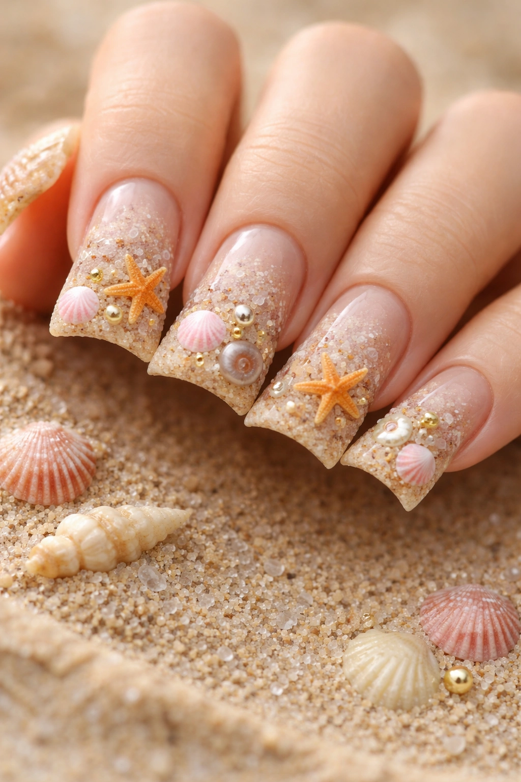 Duck nails with beach sand texture and tiny shell designs on each nail