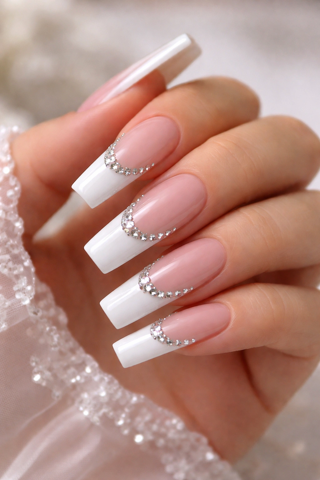 French manicure with rhinestones along the smile lines on nails