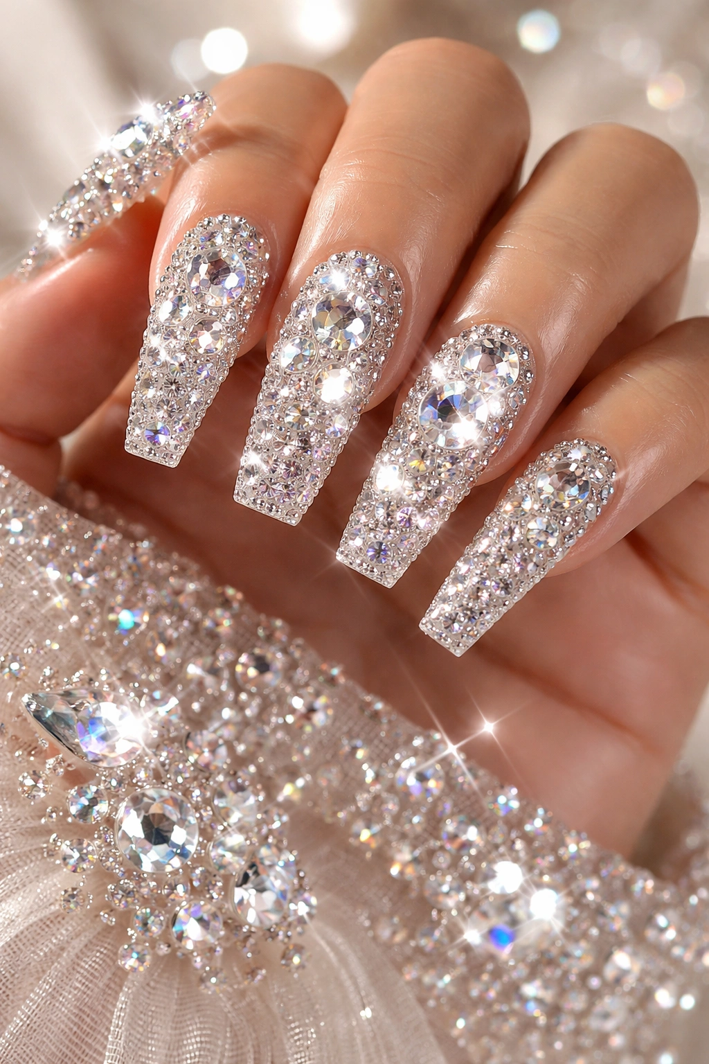 Nails encrusted with rhinestones and crystals in bedazzled style