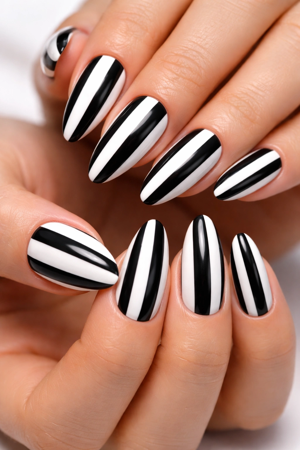Close-up of black and white striped Beetlejuice-inspired nails