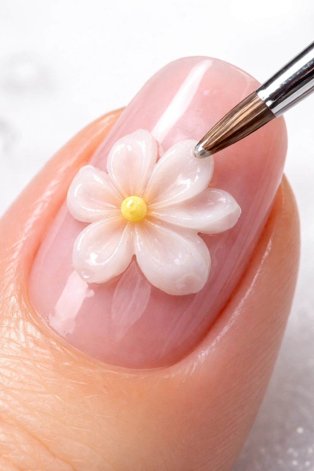 Nail showing clumpy 3D flower petals indicating beginner mistakes