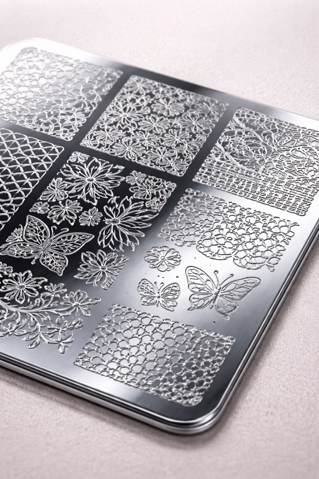 Close-up of stamping plate surface with deep grooves and smooth backing