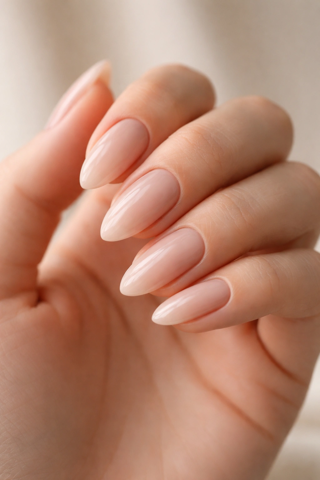 Close-up of almond-shaped beige nails with pink undertones and glossy finish