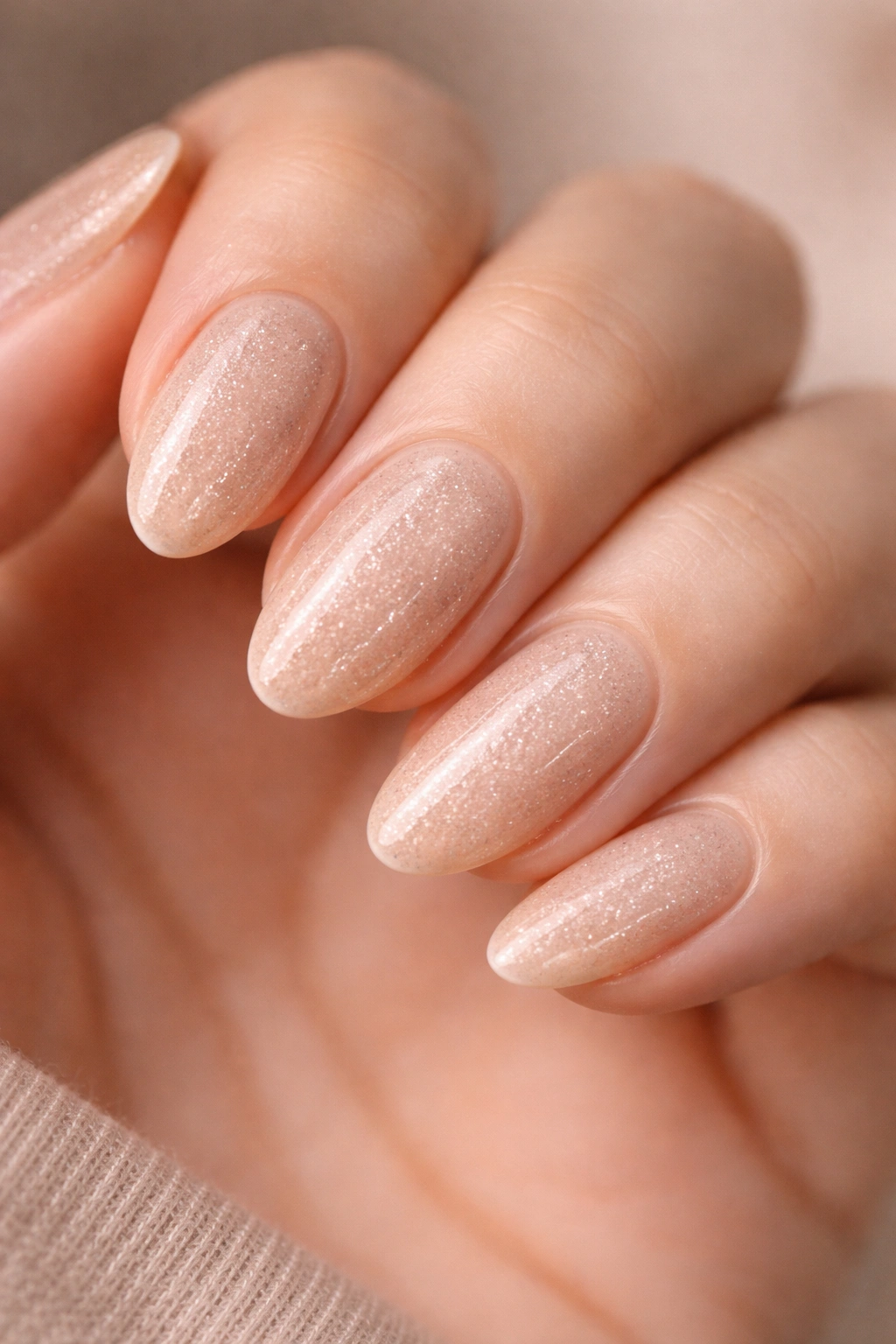 Close-up of beige almond nails with micro glitter
