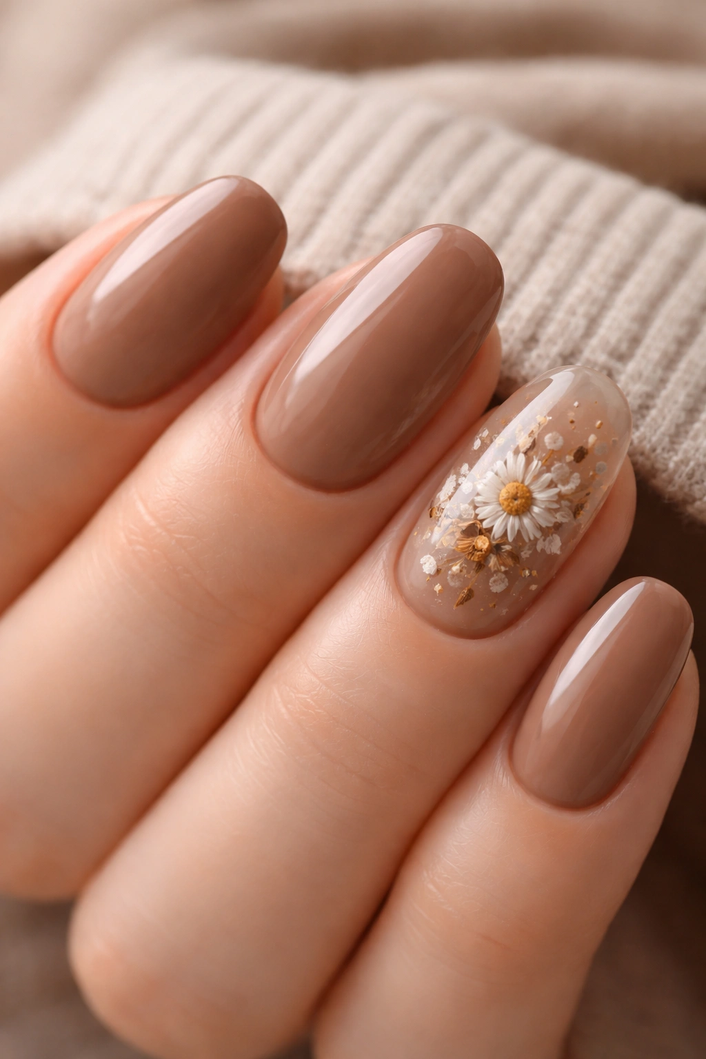 Beige-brown nails with dried flower art under clear topcoat