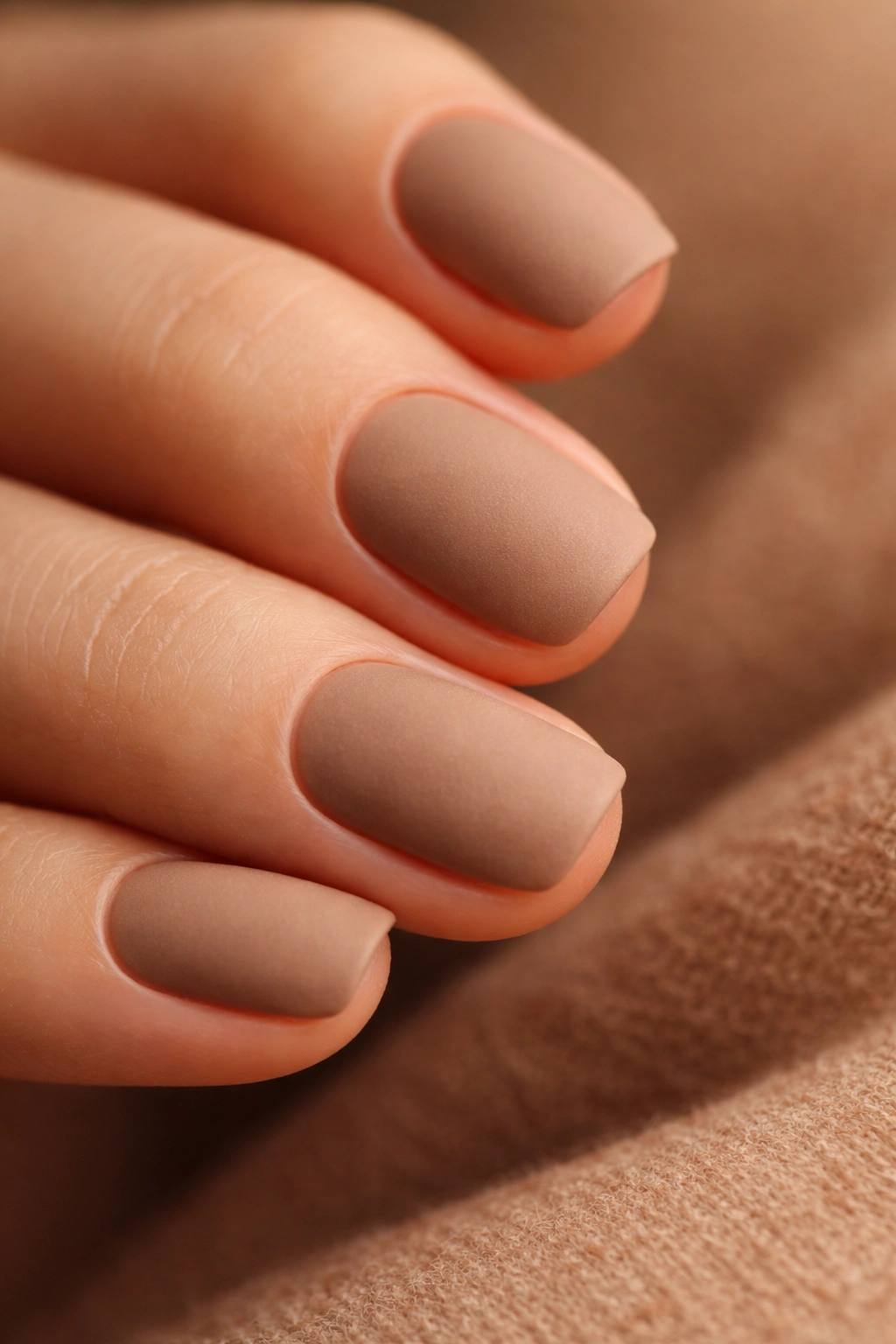 Beige-brown nails on warm-toned skin with matte finish