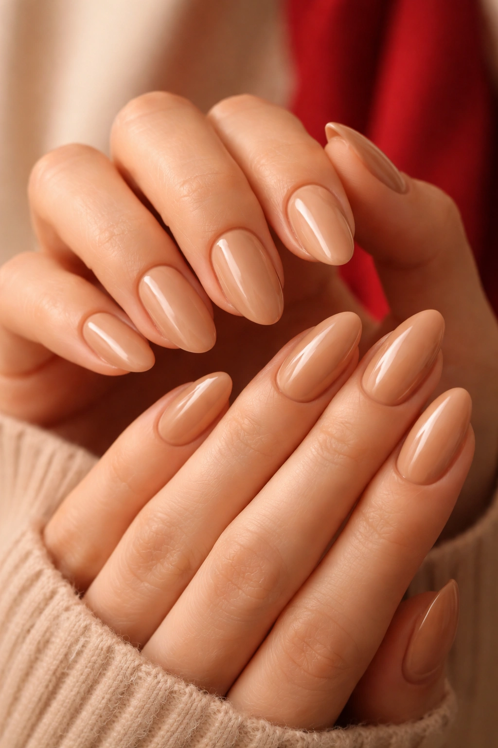 Beige and caramel nails close-up on hands