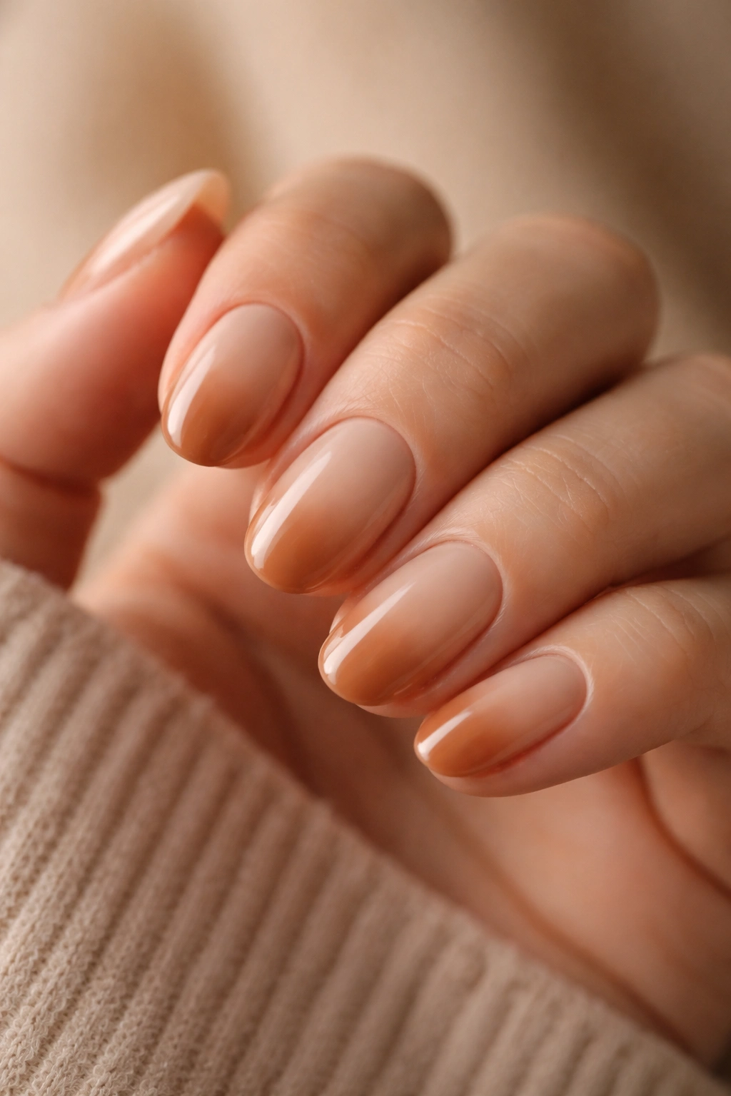 Beige nude to caramel ombre on short oval nails with warm glow