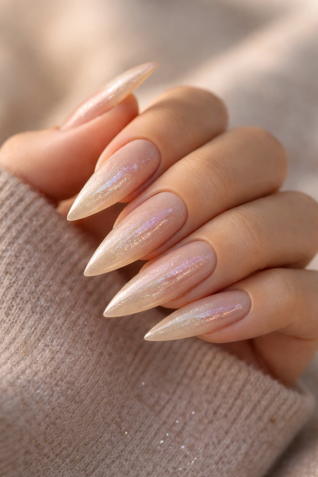 Beige-to-champagne ombre nails with subtle holographic shimmer
