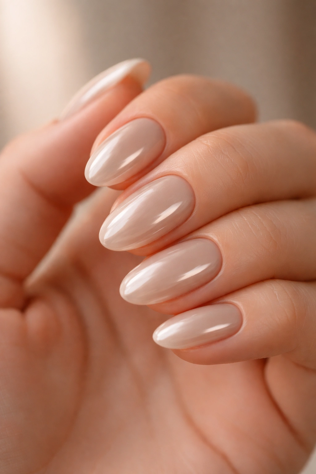 Close-up of beige almond nails with a subtle chrome finish