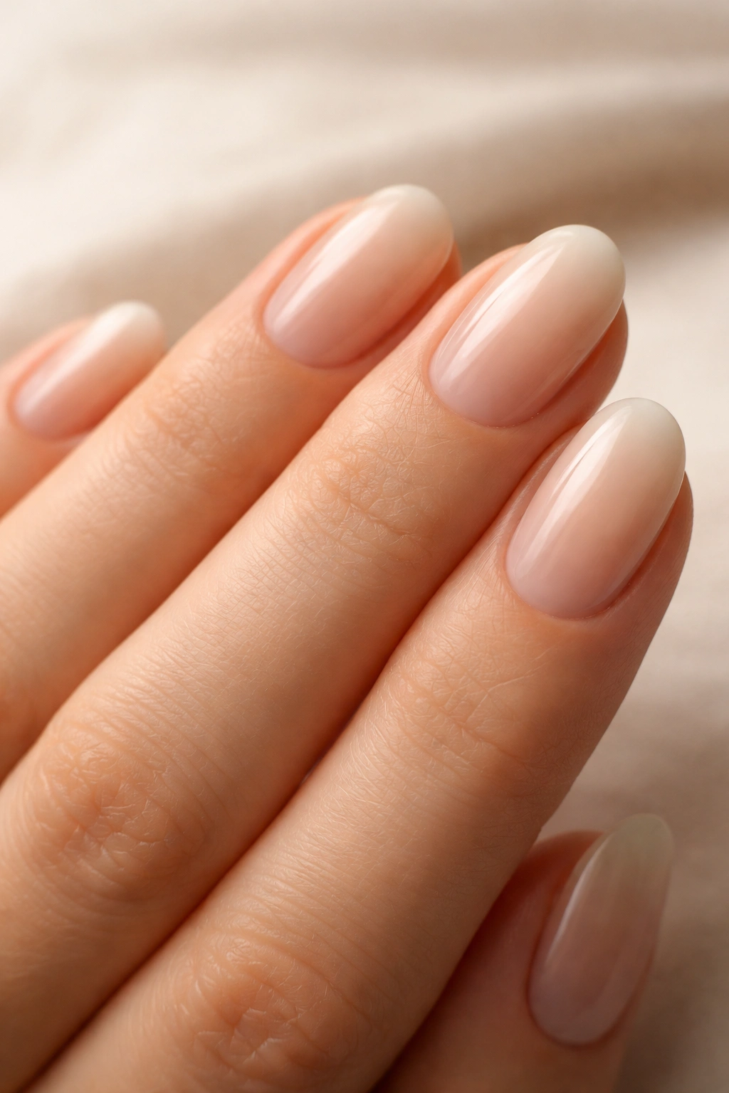Close-up of short oval nails with beige to white blurred French fade