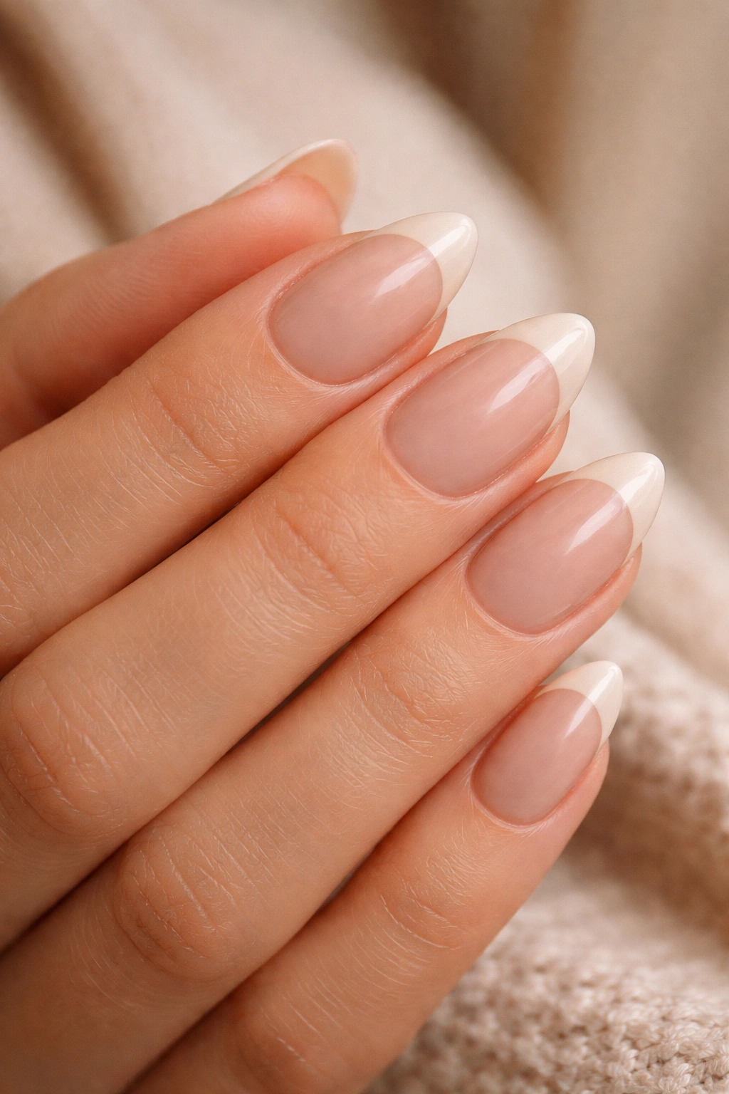 Close-up of beige French tips on short almond nails
