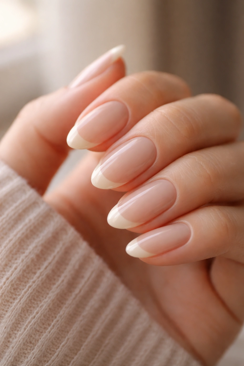 Close-up of short almond nails with beige tips on a sheer nude base