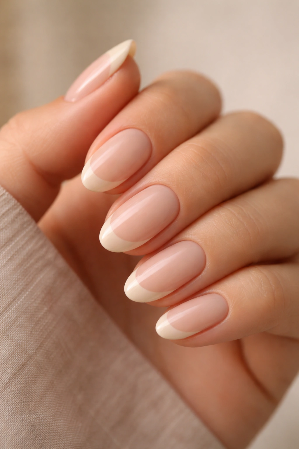 Close-up of short almond nails with beige tips on a nude base