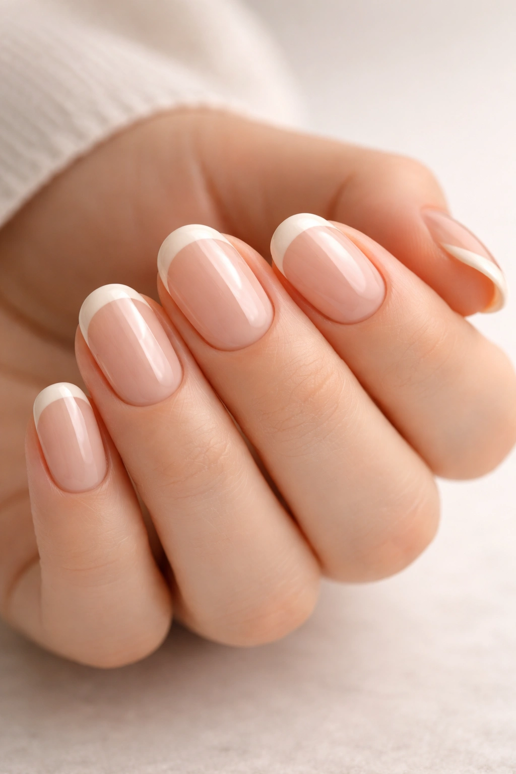 Close-up of beige French tips on short oval nails with glossy finish
