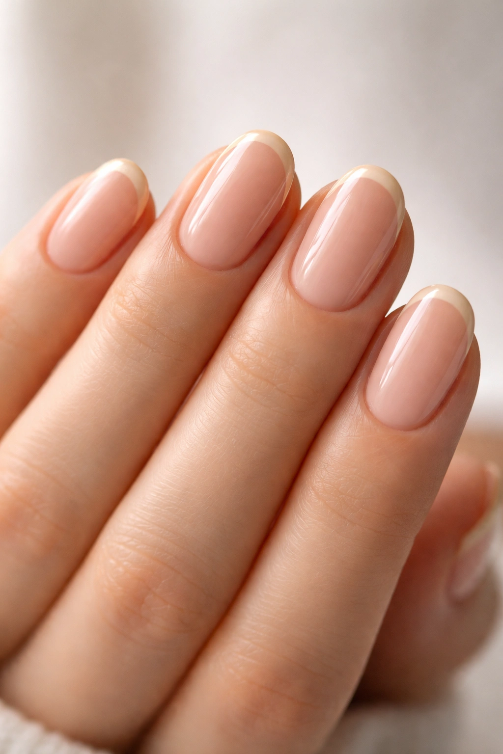 Close-up of short oval nails with beige French tips on nude base