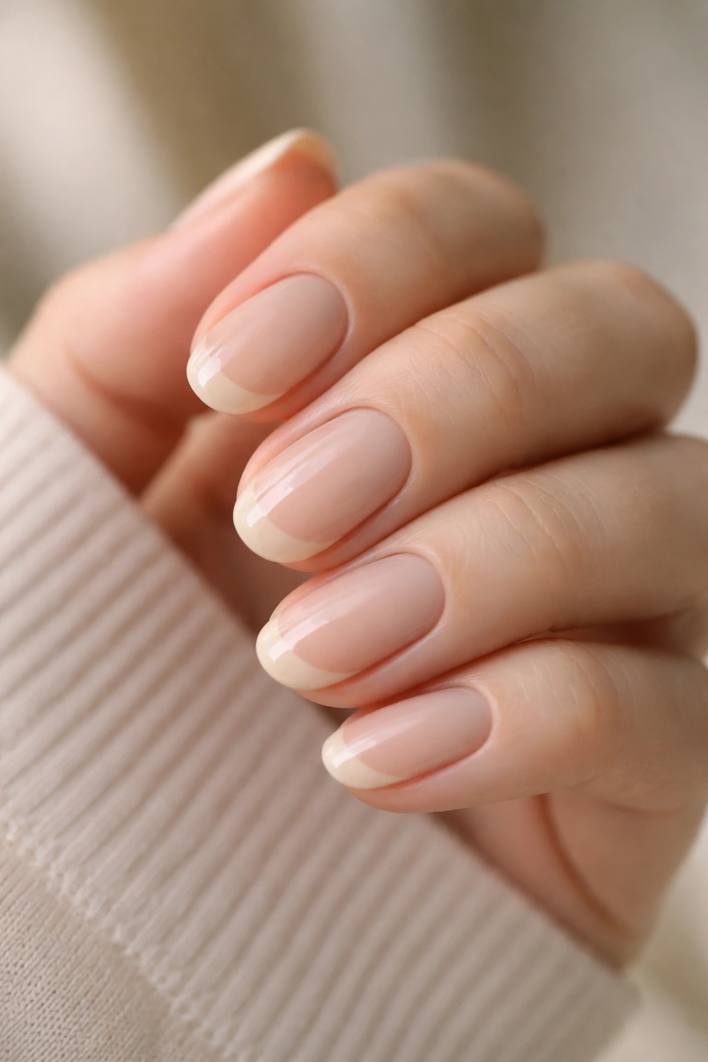 Short oval nails with beige tips for a monochrome, expensive look