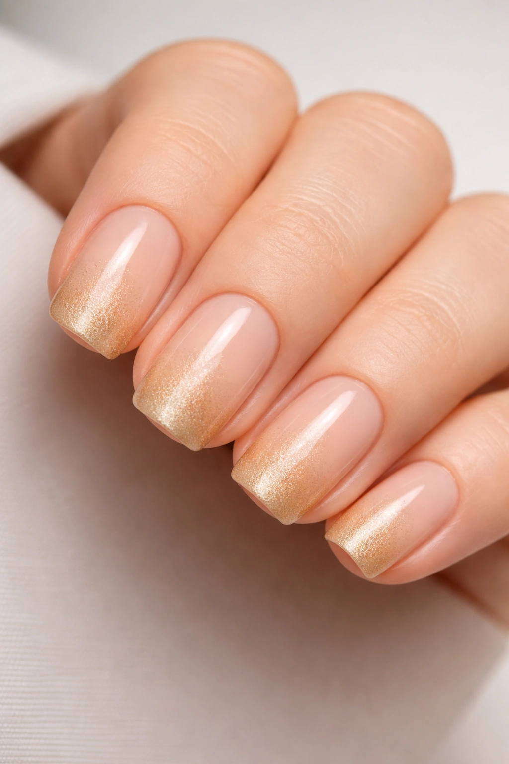 Close-up of short squoval nails with a soft beige to pale gold ombre.