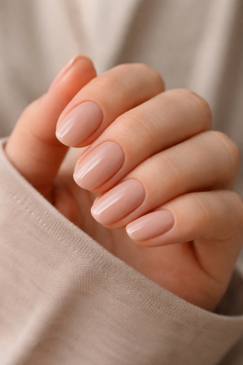 Close-up of beige latte nude nails on short ovals with glossy finish