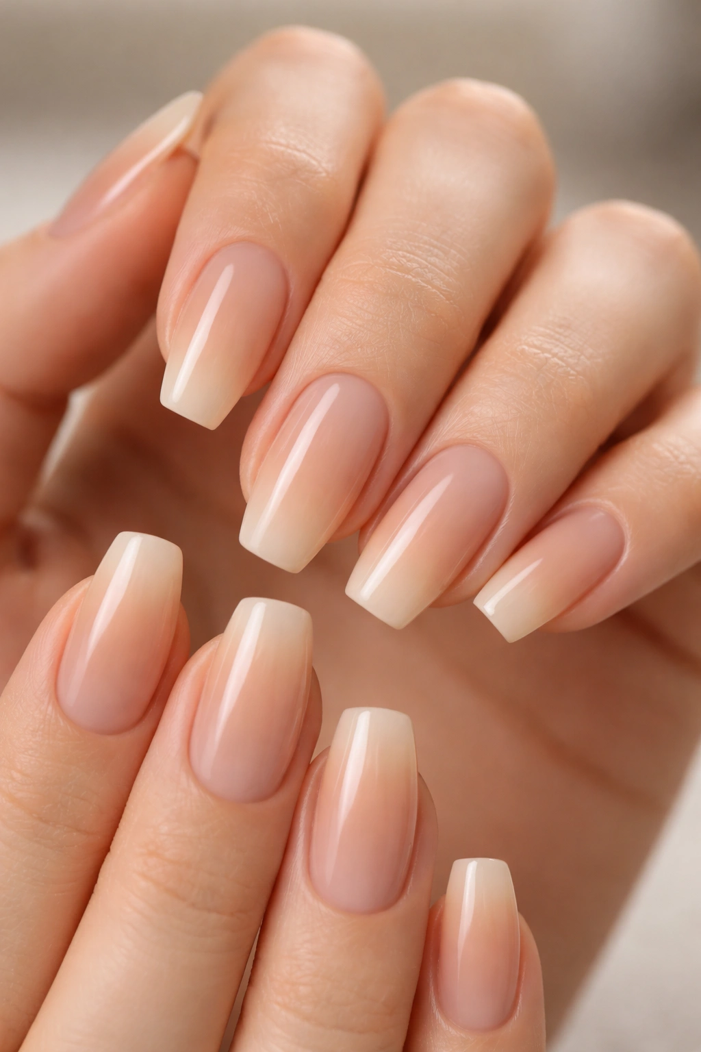 Close-up of hands with beige latte ombré nails, short tapered square tips, glossy finish