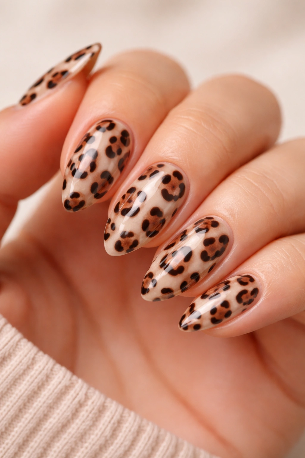 Short almond nails with beige leopard pattern and a glossy top coat reflecting light