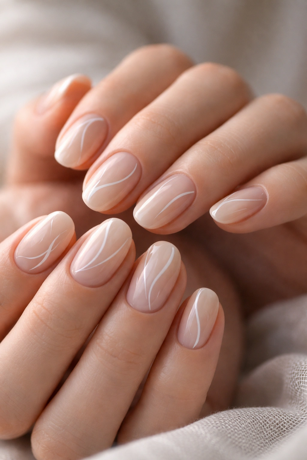 Close-up of sheer beige nails with delicate white line art on short ovals