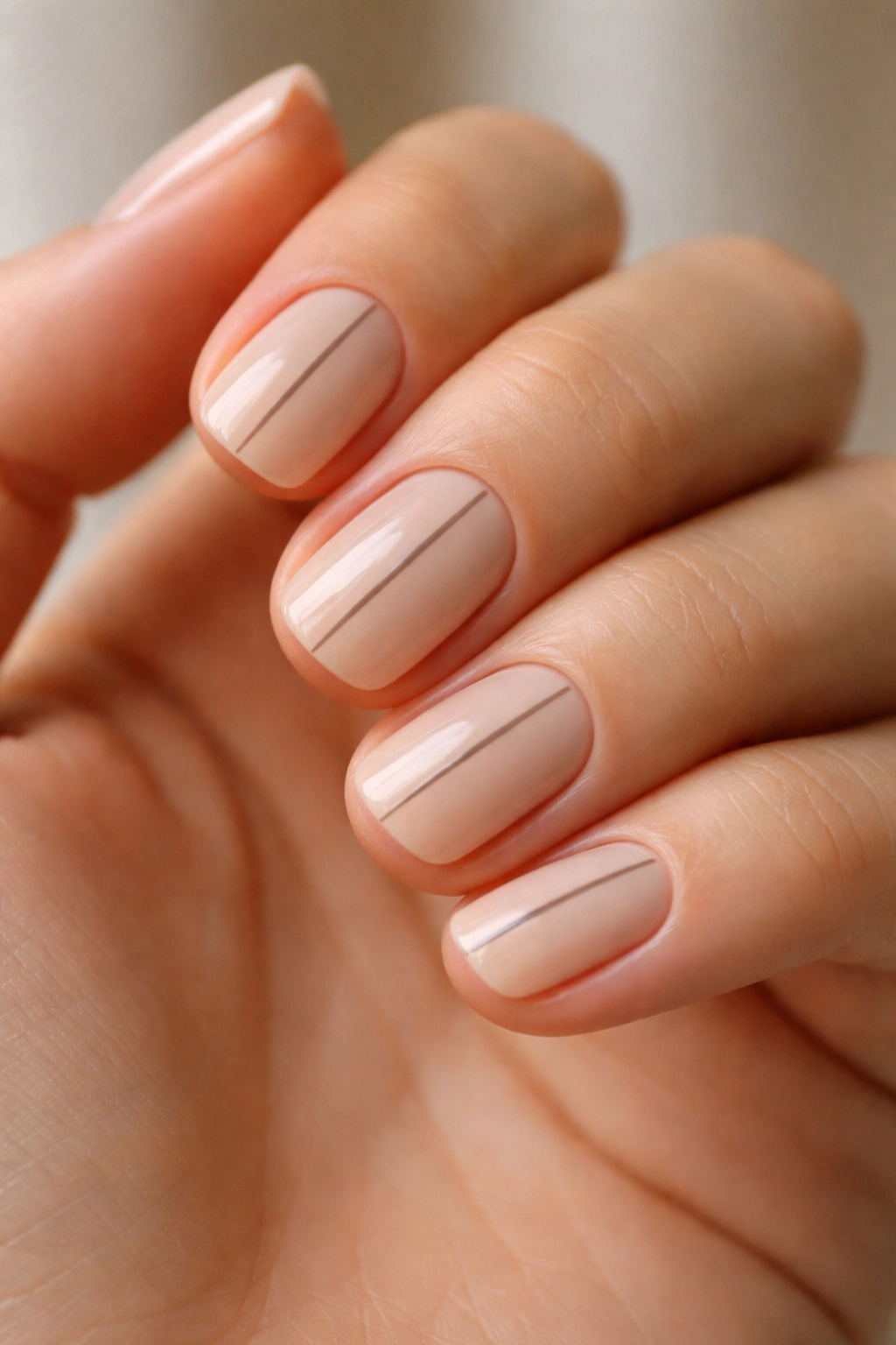 Soft beige nails with a minimalist vertical line on short squoval nails