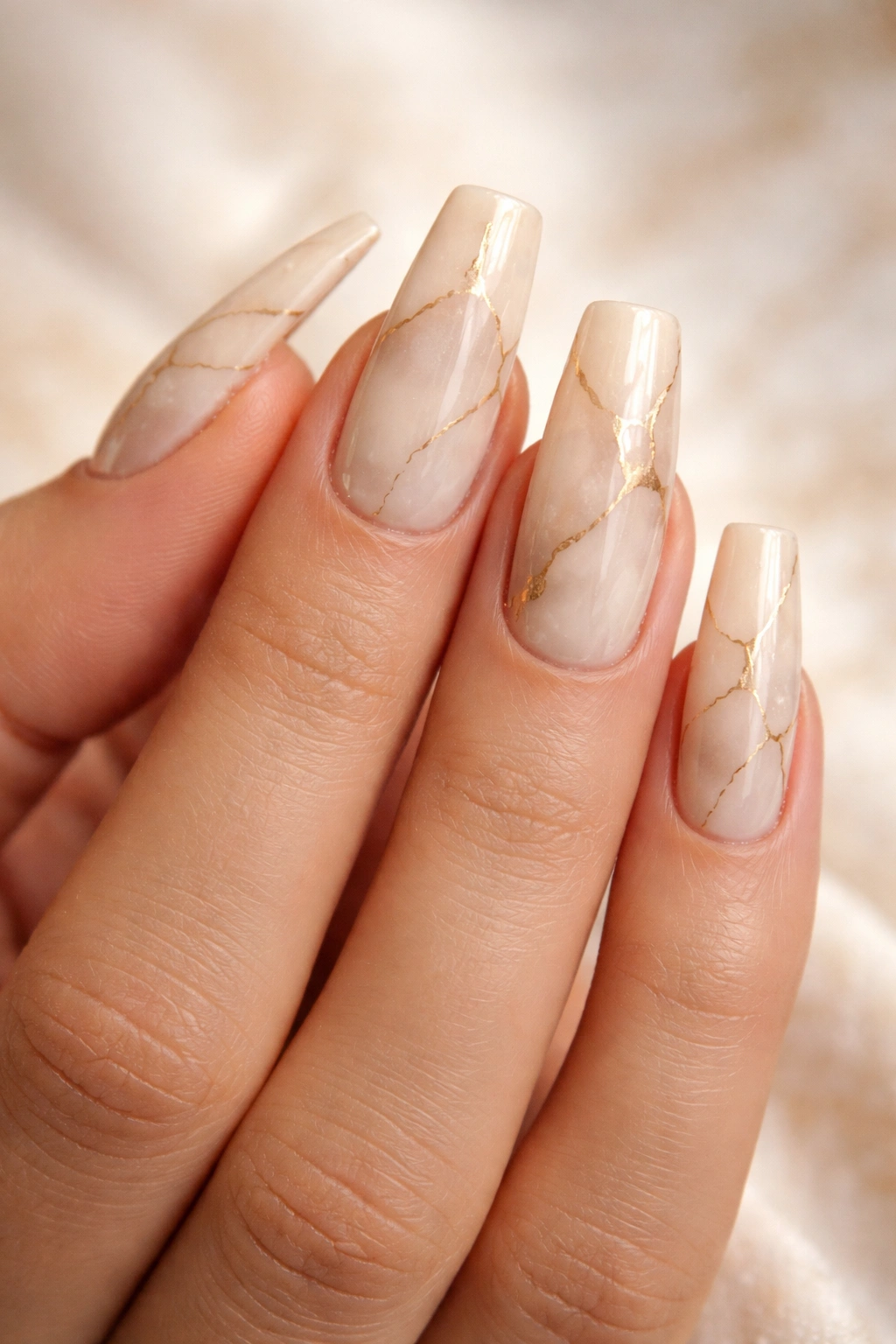 Nude beige marble nails with fine gold veins on a ballerina shape