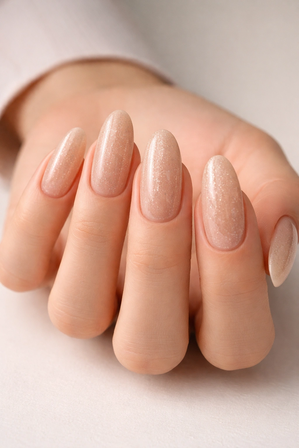 Close-up of beige long oval nails with micro glitter shimmer
