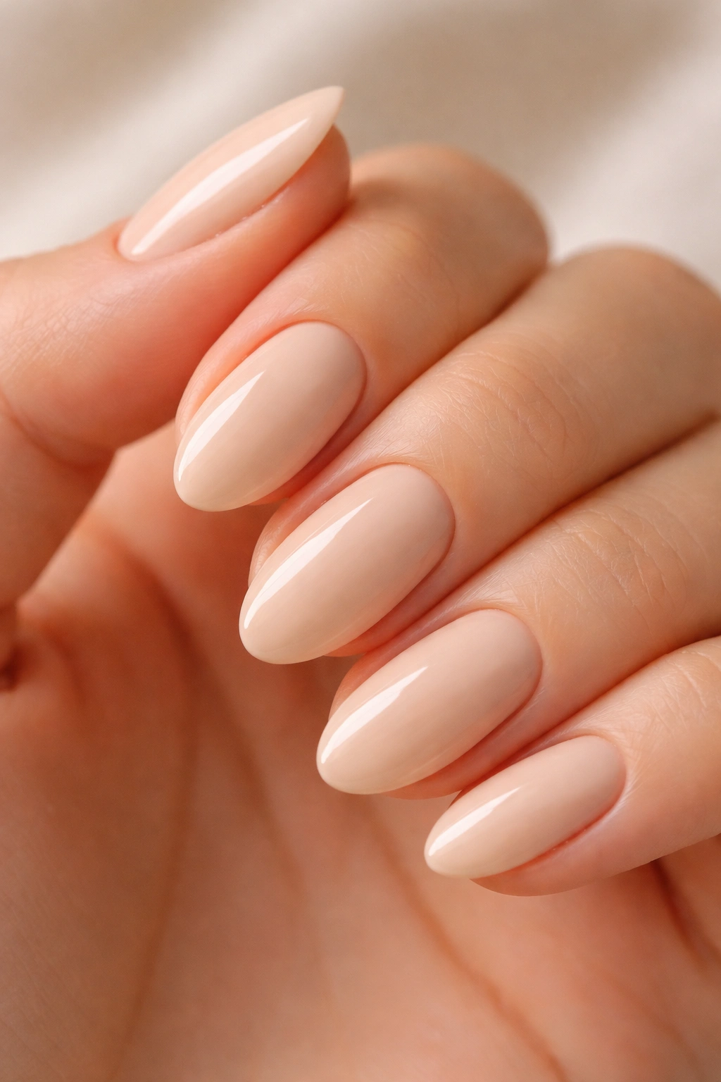 Close-up of a short almond nail in warm beige shade.