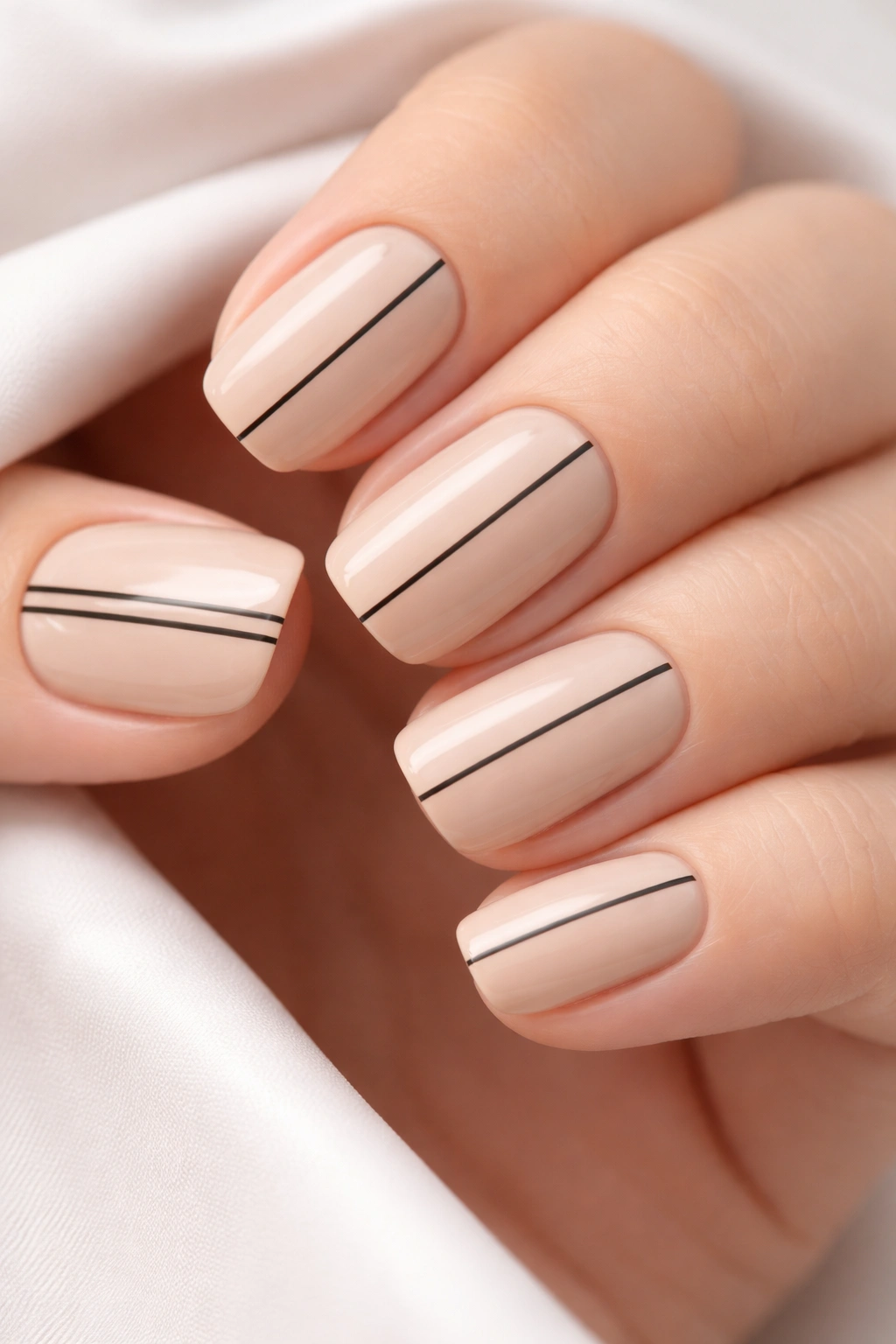 Beige nails with ultra-thin black stripes for a refined look