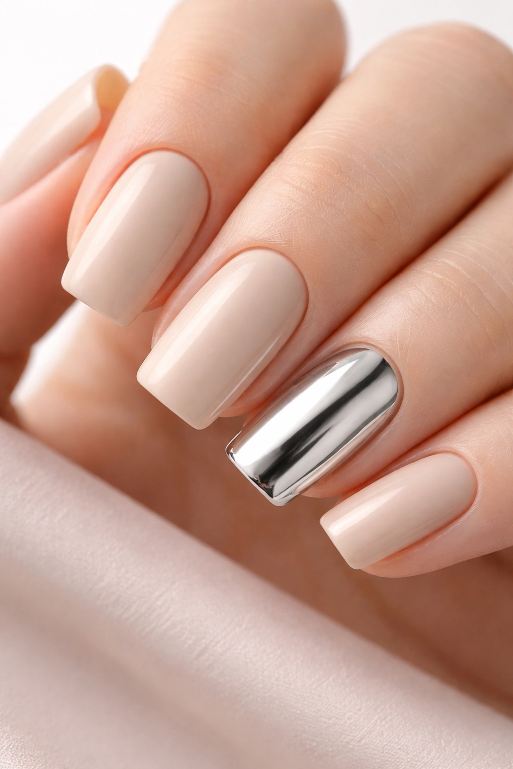 Beige nails with a chrome accent nail in a minimalist finish