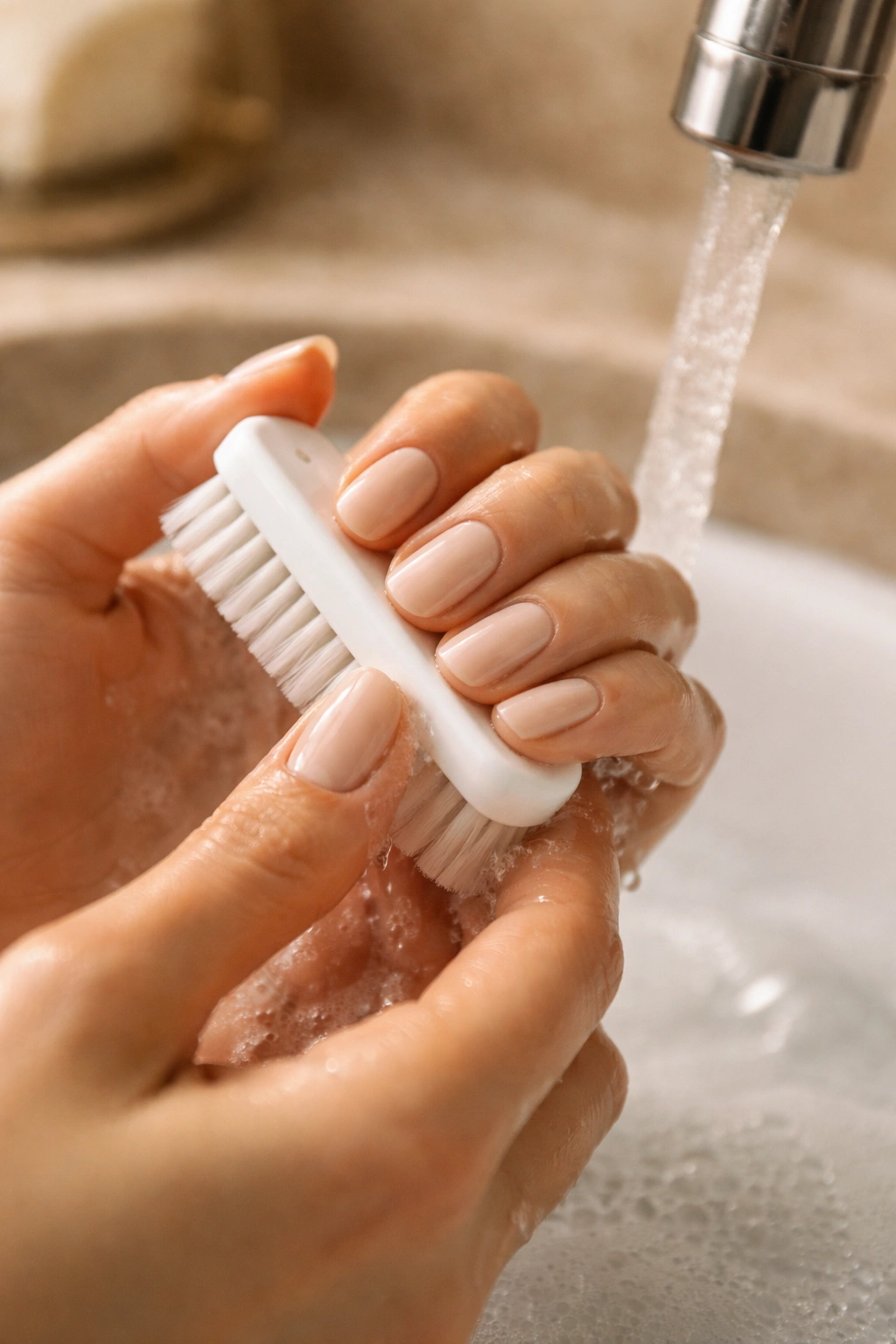 Close-up of beige almond nails being cleaned with a soft brush under warm water