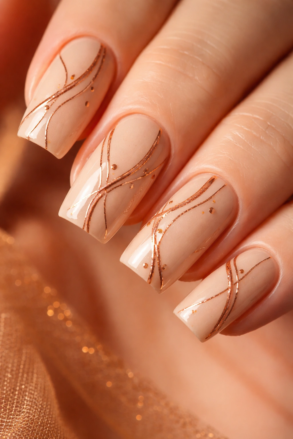 Close-up of warm beige nails with copper lines and dots