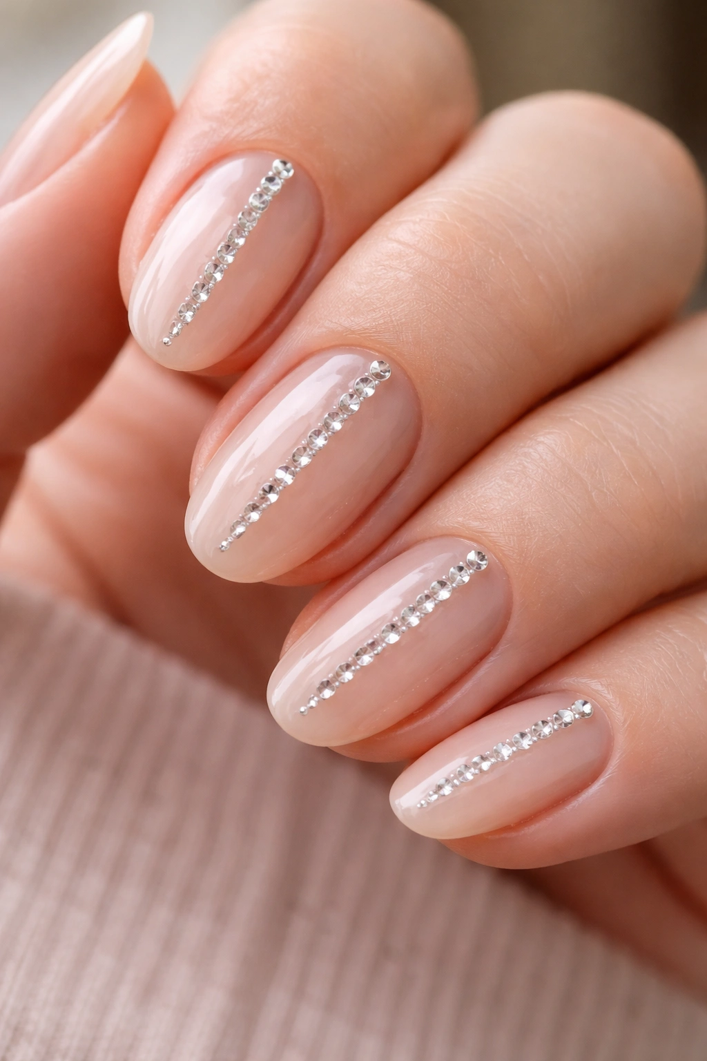 Close-up of beige short almond nails with a vertical crystal spine on each nail