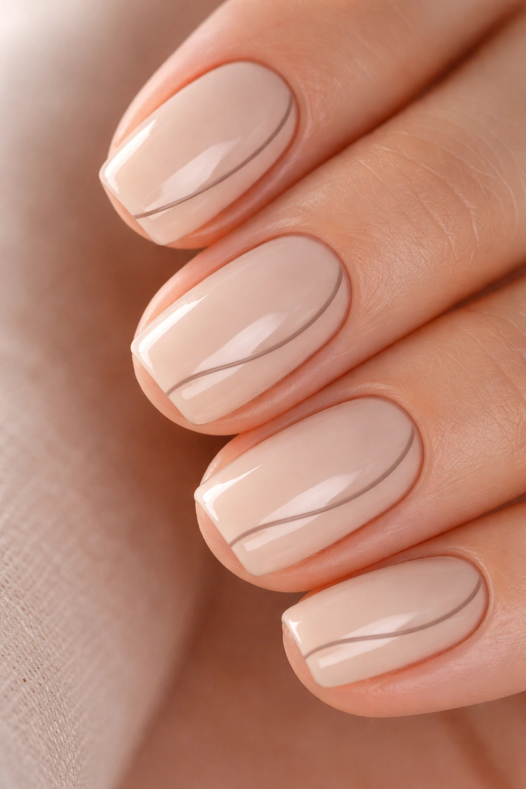 Natural beige nails with a minimalist curved taupe line on short squoval nails