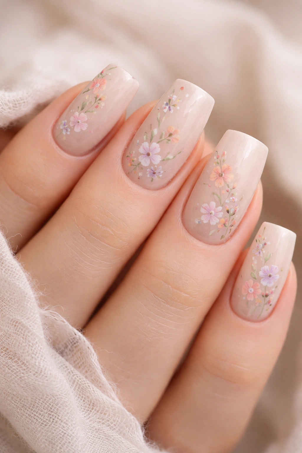 Beige nails with delicate watercolor florals