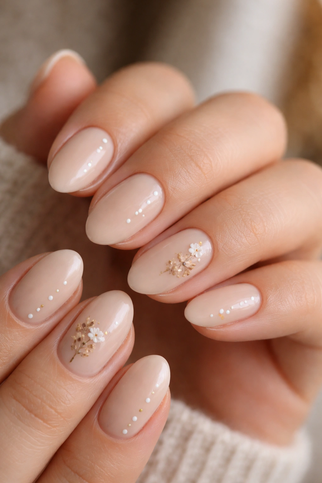 Close-up of beige almond nails with a single side dot trail